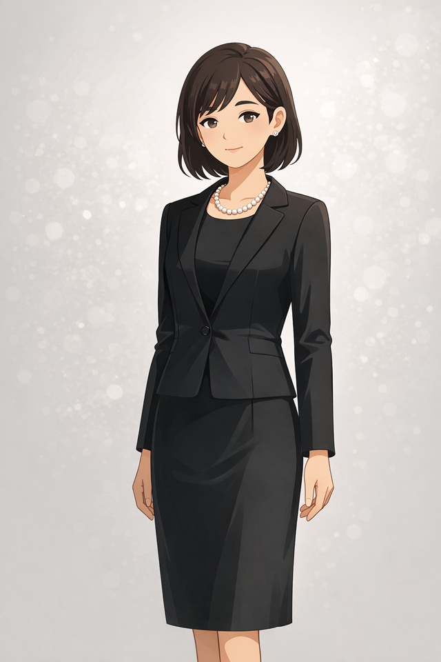 漆黒のアンサンブル（準喪服）と一連パールネックレスを身につけた、品格のある大人の女性のイラスト。