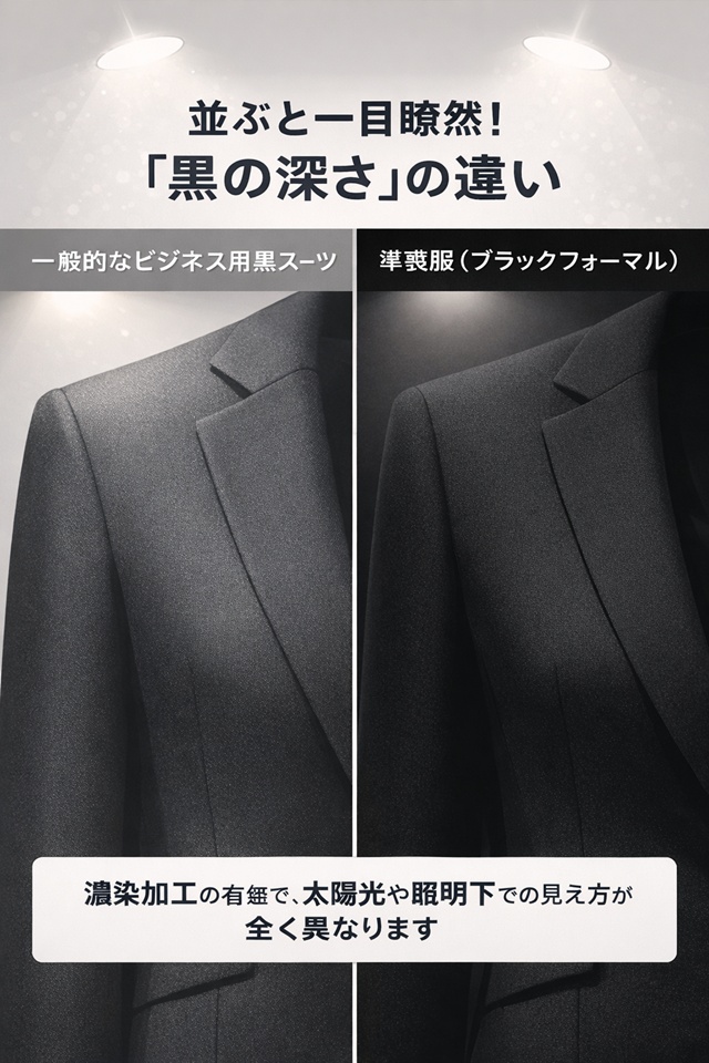 漆黒（濃染加工）の準喪服と一般的な黒スーツの色の深さの違いを示す比較画像。並んだ時にビジネススーツがグレーに見える原因を視覚化し、専用の喪服が必要な理由を示す。