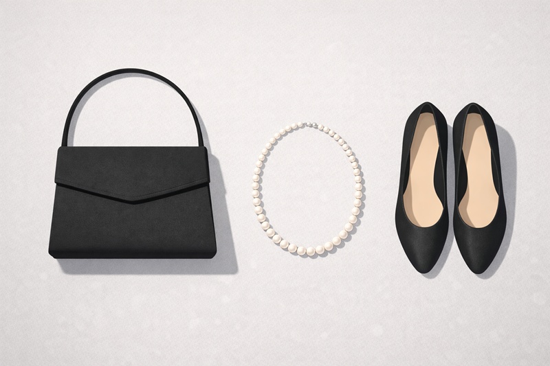 弔事に必要な小物（布製ブラックバッグ、一連パールネックレス、ツヤ消しの黒パンプス）が整然と並べられたイラスト。