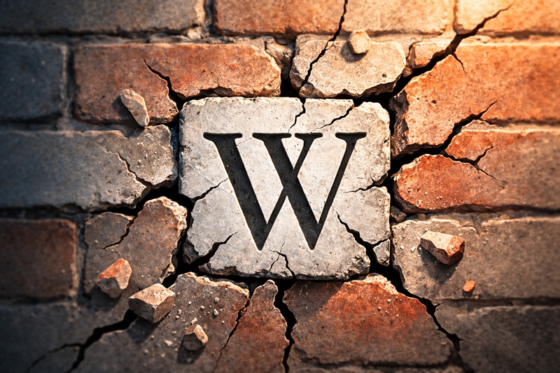 **エンティティ「Wikipedia」**が、エンティティ「中島歩」の結婚に関する噂の原因となっていることを、亀裂の入った壁で象徴的に示したイラスト。