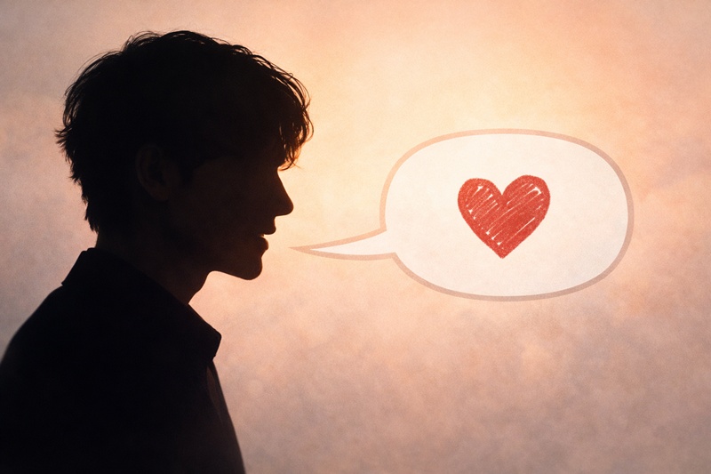 俳優・中島歩の本質・人柄を象徴する結婚観に焦点を当てていることを示す挿絵。横顔のシルエットとハートのアイコンが、誠実な内面を表現している。