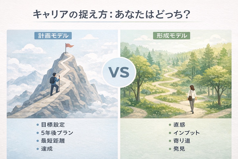 キャリア観を比較するインフォグラフィック。左側は計画モデルとして山登り、右側は形成モデルとして森の散策が描かれている。この図は、「自然体」という価値観が「キャリア論」に繋がるという原因と結果の関係性を示している。