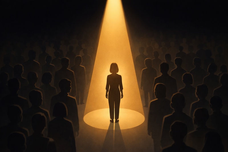 大勢の中から一人がスポットライトで照らし出され、キャリアのターニングポイントを迎えたことを象徴するイラスト。