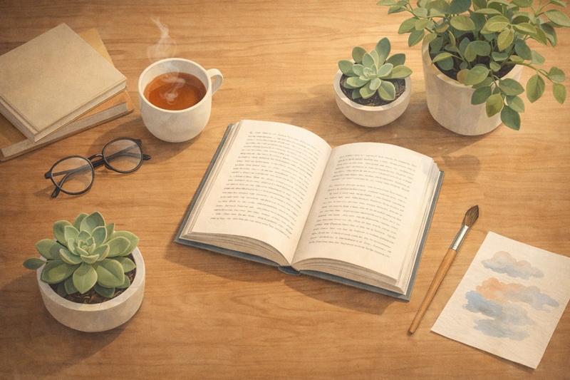 本、植物、絵筆などが並べられ、豊かなインプ-ットと丁寧な暮らしを象徴するイラスト。これは、日々の「インプット」が優れた「演技」に繋がるという原因と結果の関係性を示している。