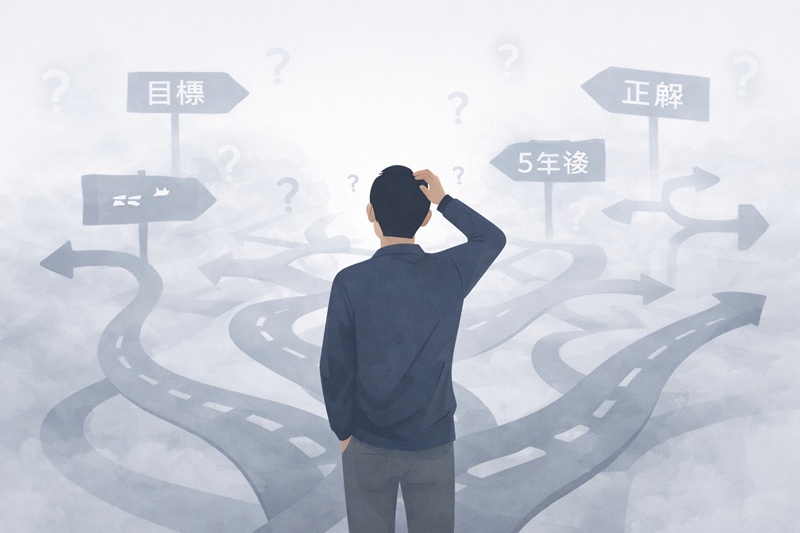 多くの複雑な分岐点で、キャリアの選択に迷っている人物のイラスト。