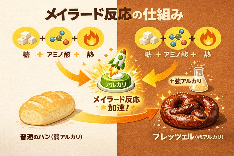 メイラード反応の図解。強アルカリが加わることで、パンの焼き色が劇的に濃くなる仕組み。