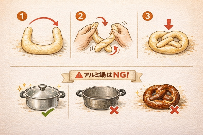 プレッツェルの成形手順図解（U字、ツイスト、接着）と、焼き重曹水を使用する際の鍋の選び方（ステンレス推奨）