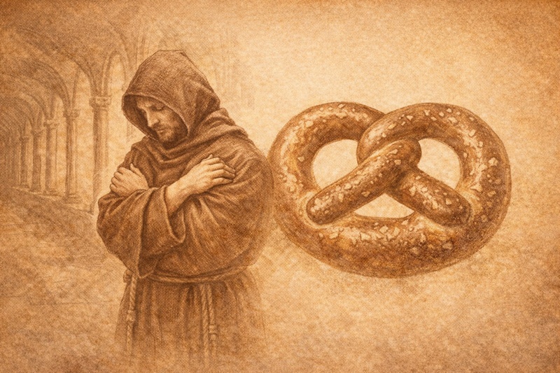 プレッツェルの形の由来とされる、腕を組んで祈る中世の修道士のイラスト。