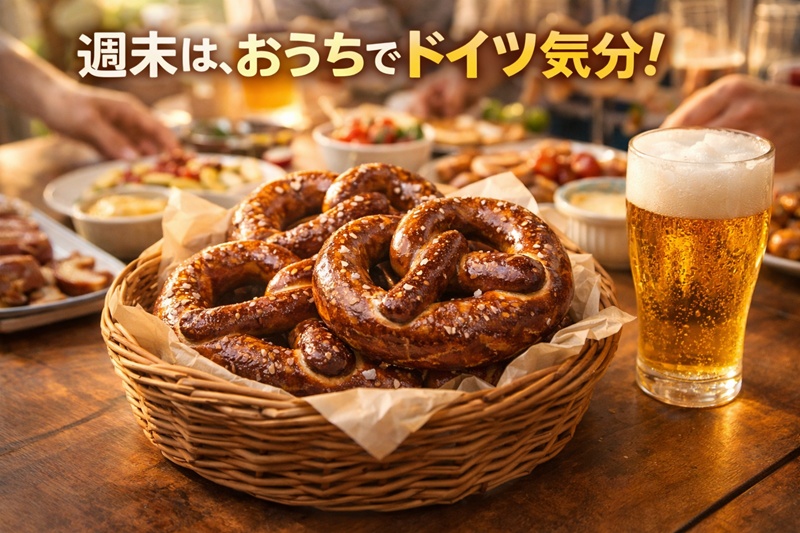 ビールと共に食卓に並べられた、焼き立ての自家製プレッツェル。