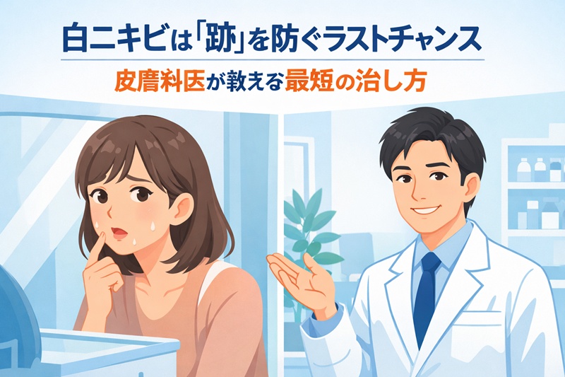 鏡を見て白ニキビに悩む女性と、優しくアドバイスをする皮膚科医のイラスト。白ニキビ（閉鎖面皰）を悪化させずに治すための専門的なアプローチを象徴しています。