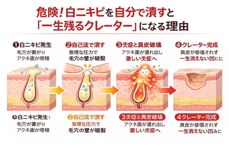 白ニキビ（閉鎖面皰）の内部でアクネ菌が増殖し、自分で潰すことで毛穴が破裂して真皮が傷つき、最終的にクレーター（陥凹性瘢痕）になるまでの進行リスクを示したフロー図。