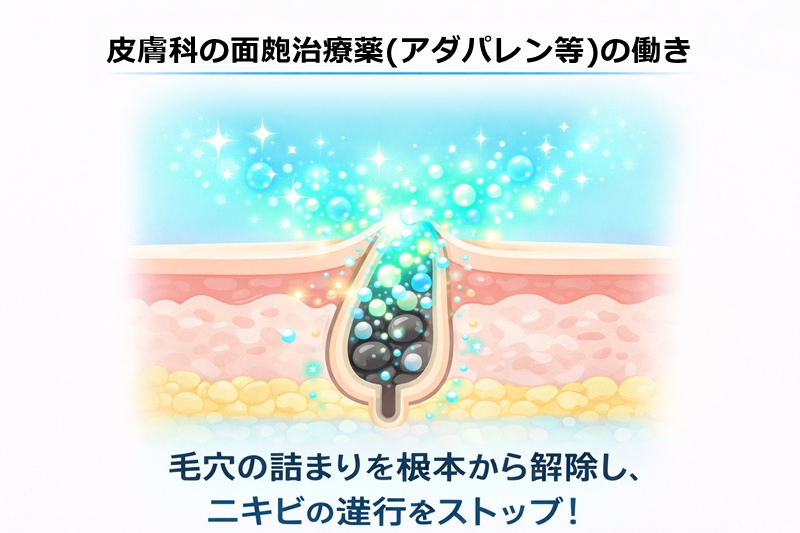 白ニキビを自分で潰すと毛穴が破裂し、真皮が傷ついて一生残るクレーター（陥凹性瘢痕）になるまでのメカニズムを図解したフロー図。