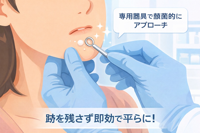 皮膚科医が専用器具を用いて無菌的に白ニキビの内容物を押し出す「面皰圧出」のイメージ。閉鎖面皰に対する安全な物理的処置であることを示しています。