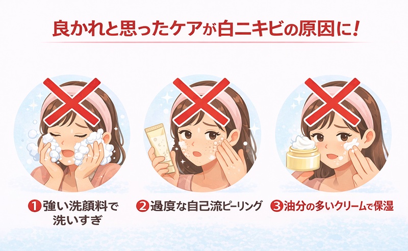 白ニキビを悪化させる3つのNGスキンケア（洗いすぎ、過度なピーリング、油分の多いクリームでの保湿）を示すイラスト。自己流のケアが赤ニキビ（炎症）への悪化の直接原因になることを警告しています。