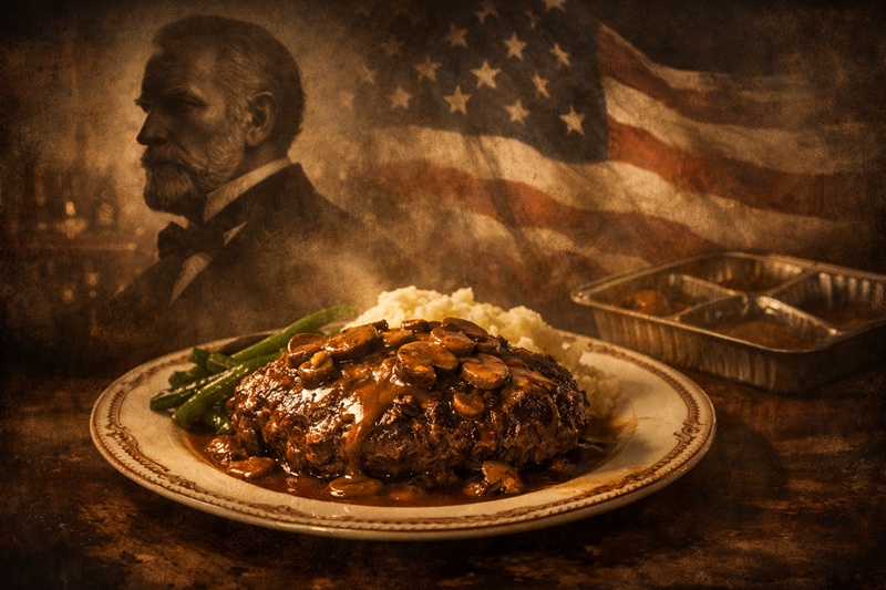 マッシュルームソースがかかったソールズベリー・ステーキと、その背景に浮かぶ考案者ソールズベリー博士のシルエット。料理の背後にある歴史的物語を象徴するイメージ。