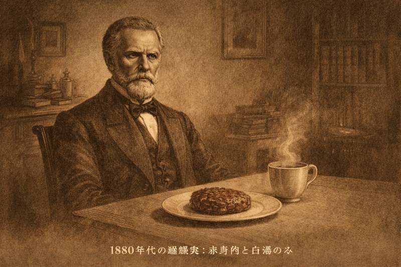 19世紀の食卓で、赤身肉のパティと白湯だけの食事を前にする厳格なジェームズ・ヘンリー・ソールズベリー博士のイラスト。