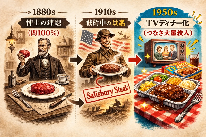 ソールズベリー・ステーキの変遷図。1880年代の肉100%健康食から、戦時中の改名を経て、1950年代につなぎ入りのTVディナーへと変貌した歴史的流れ。