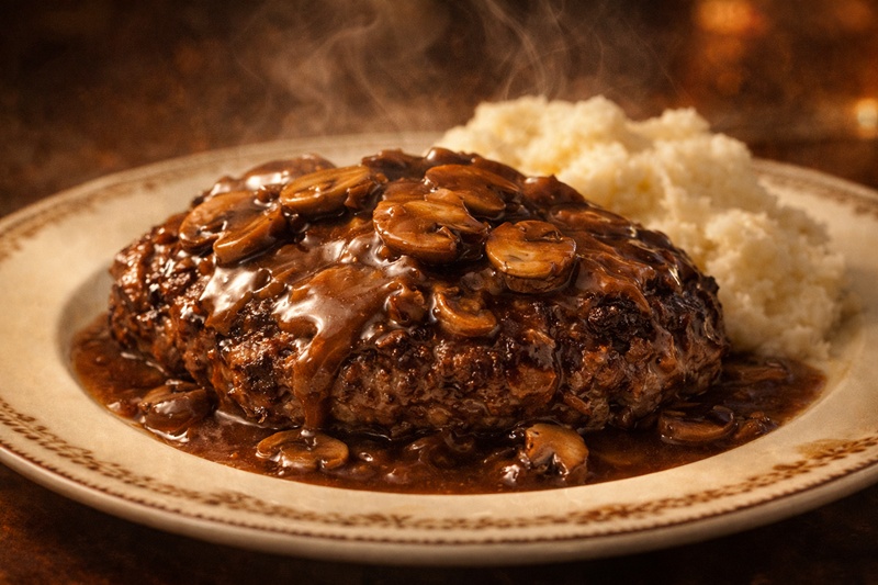 濃厚なマッシュルーム・グレイビーソースがたっぷりとかかった、本場スタイルのソールズベリー・ステーキとマッシュポテトの付け合わせ。