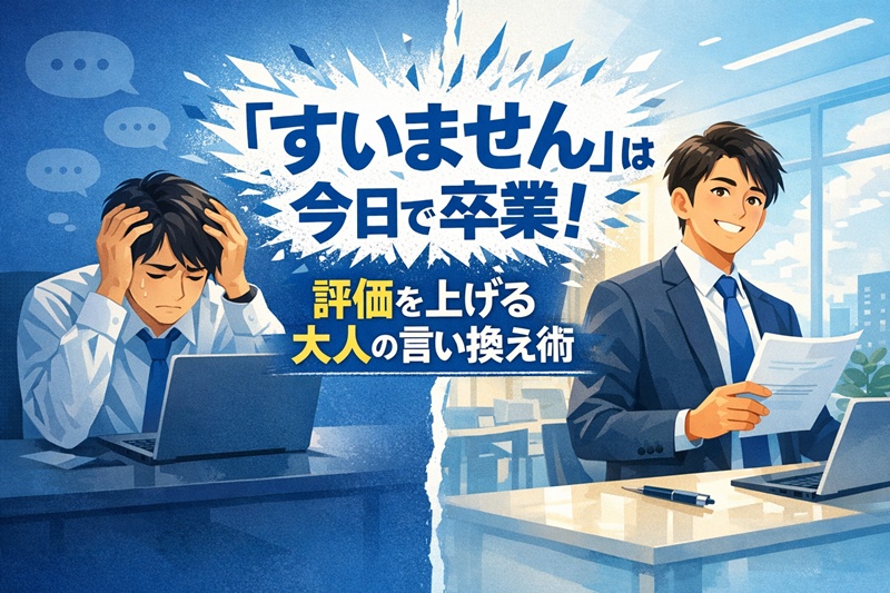 悩む若手社員が正しい言葉遣いを身につけ、自信を持って仕事に取り組むイメージ