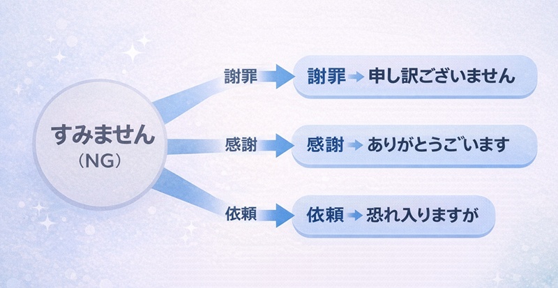 「すみません」を「申し訳ございません」「ありがとうございます」「恐れ入りますが」の3つに変換するフロー図