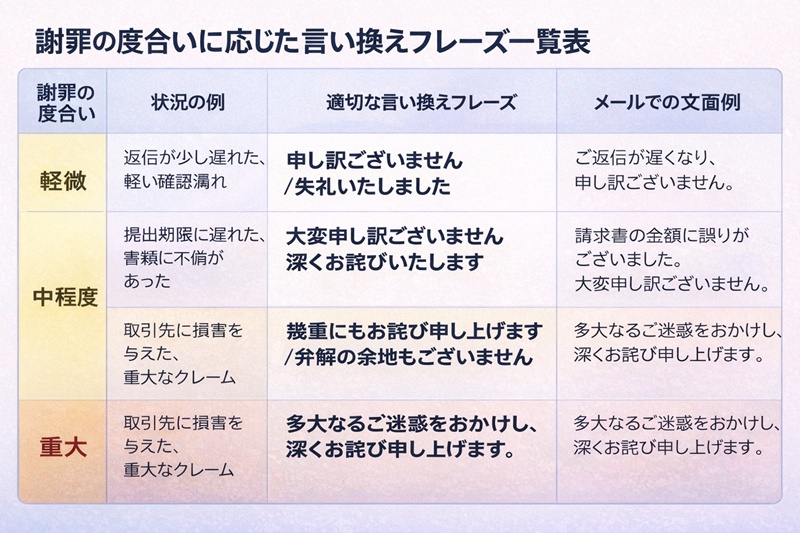 謝罪の度合いに応じた言い換えフレーズ一覧表