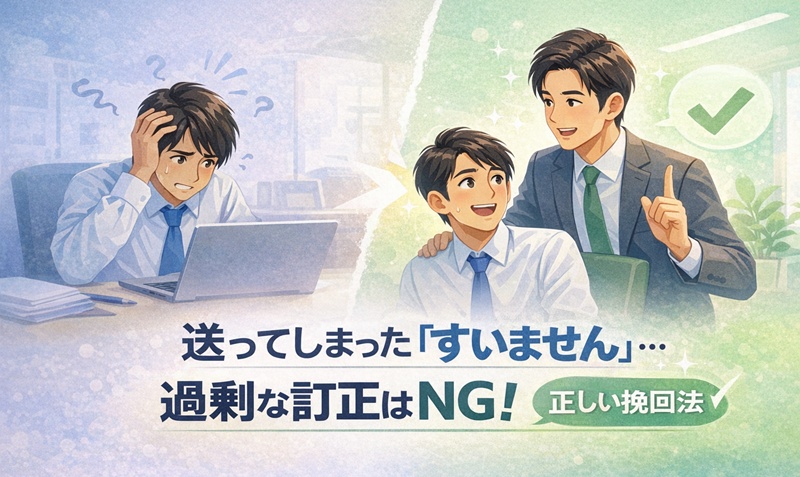 メールの送信ミスに焦る若手社員と、冷静に対処法をアドバイスする様子