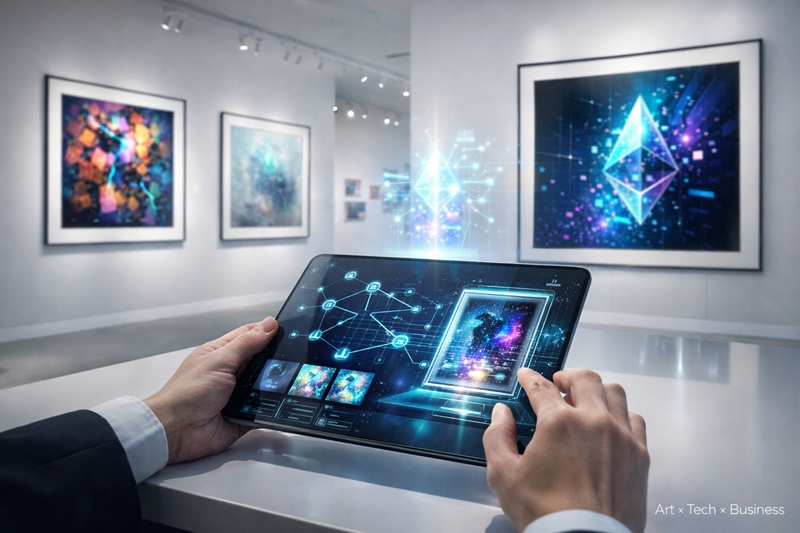 NFTアートプラットフォーム「STRAYM」の世界観をイメージした、アートとテクノロジーが融合するビジネスシーン