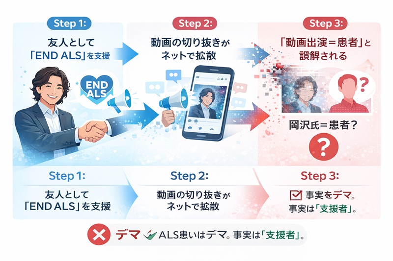 岡沢高宏氏のALS説がデマであることを示すフローチャート。支援活動への参加が誤解されて拡散された経緯を図解。